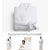A plush white pillowtex hotel-style robe displayed neatly folded with images below showcasing a couple wearing the robes in a relaxed, home environment.