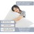 A contented woman rests her head on the Restful Nights Renova™ Pillow, which boasts eco-friendly credentials such as machine washability, medium support, and being made from 100% Renova® Rec.